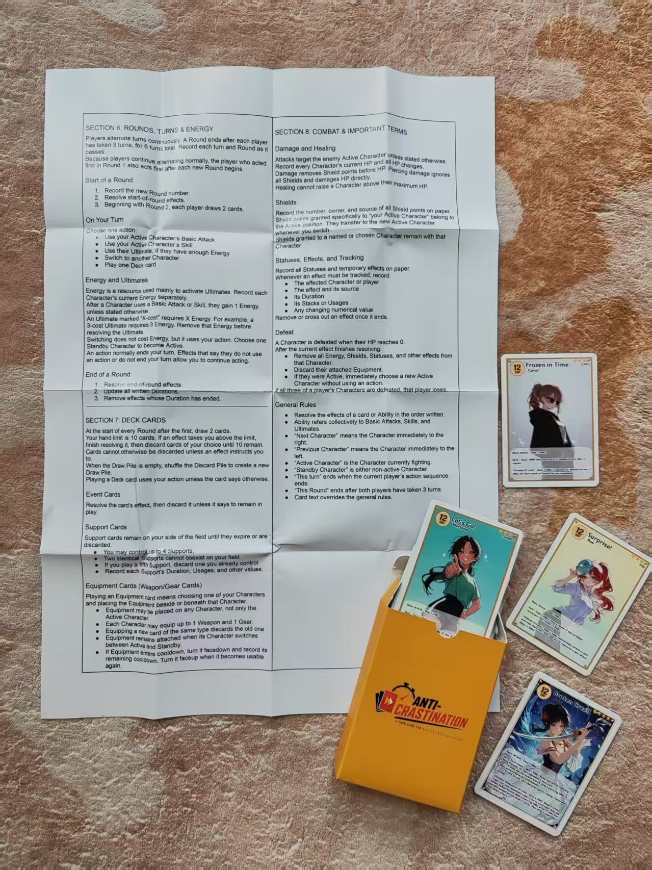 Back side of the folded Anti-Crastination rulebook with character cards